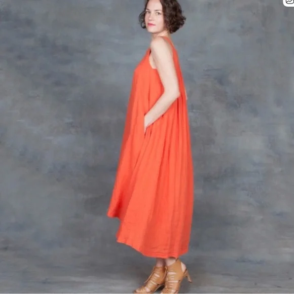 Black Crane Sleeveless High Low Maxi Dress Flax Linen Orange Paprika XS - Picture 2 of 12